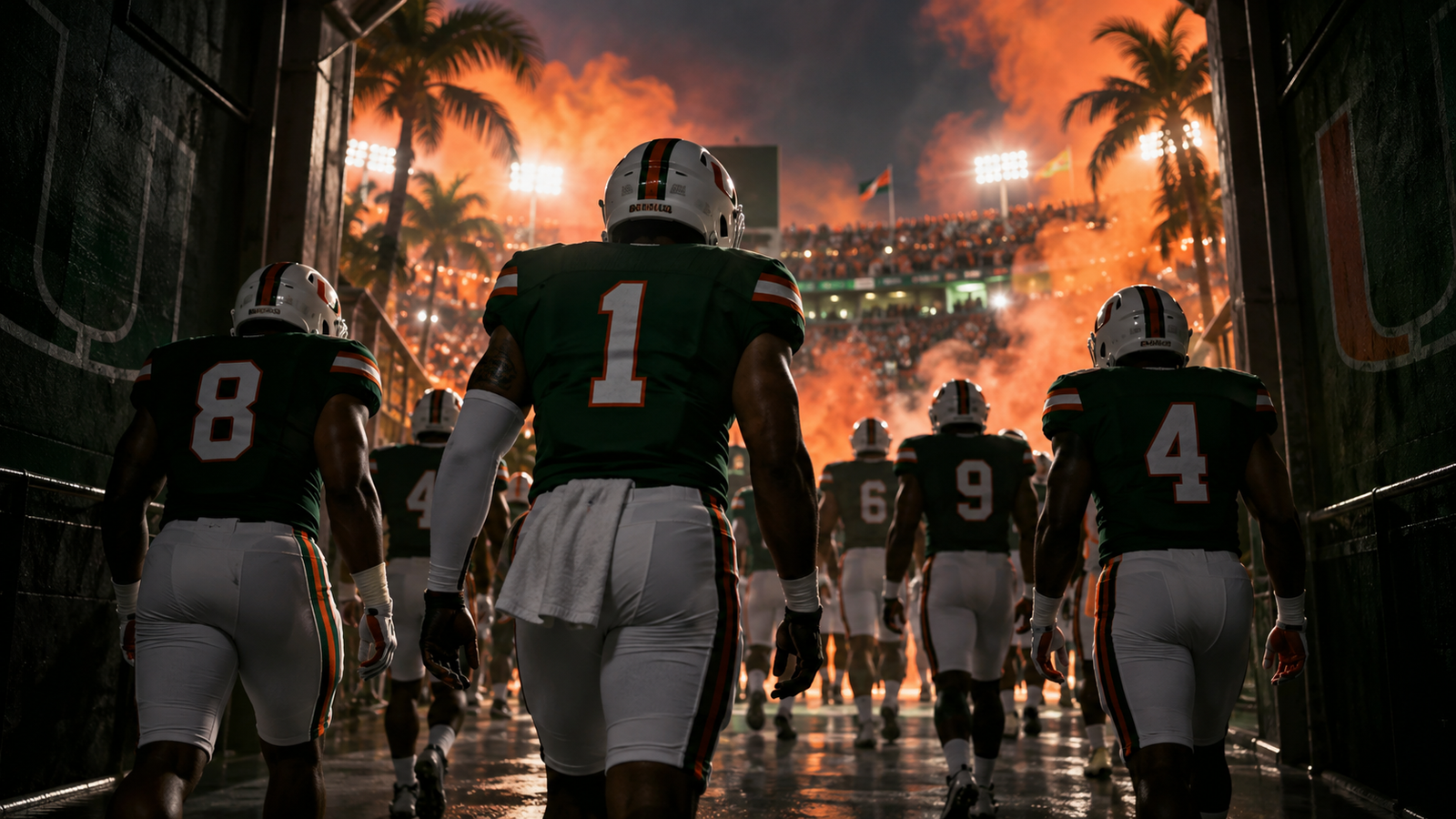 Original artwork of football players entering a Miami-inspired stadium through orange smoke